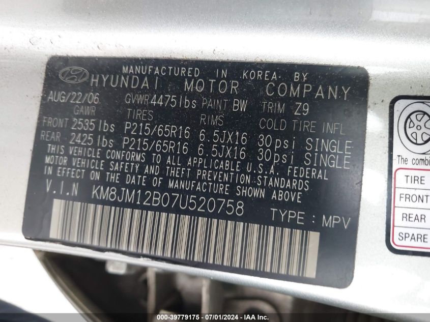2007 Hyundai Tucson Gls VIN: KM8JM12B07U520758 Lot: 39779175