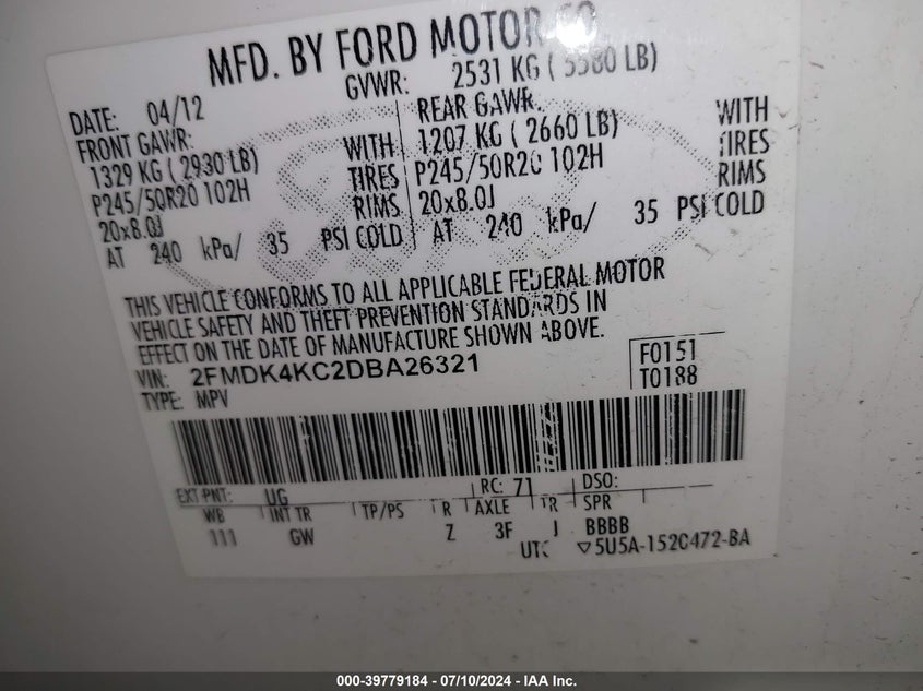 2013 Ford Edge Limited VIN: 2FMDK4KC2DBA26321 Lot: 39779184