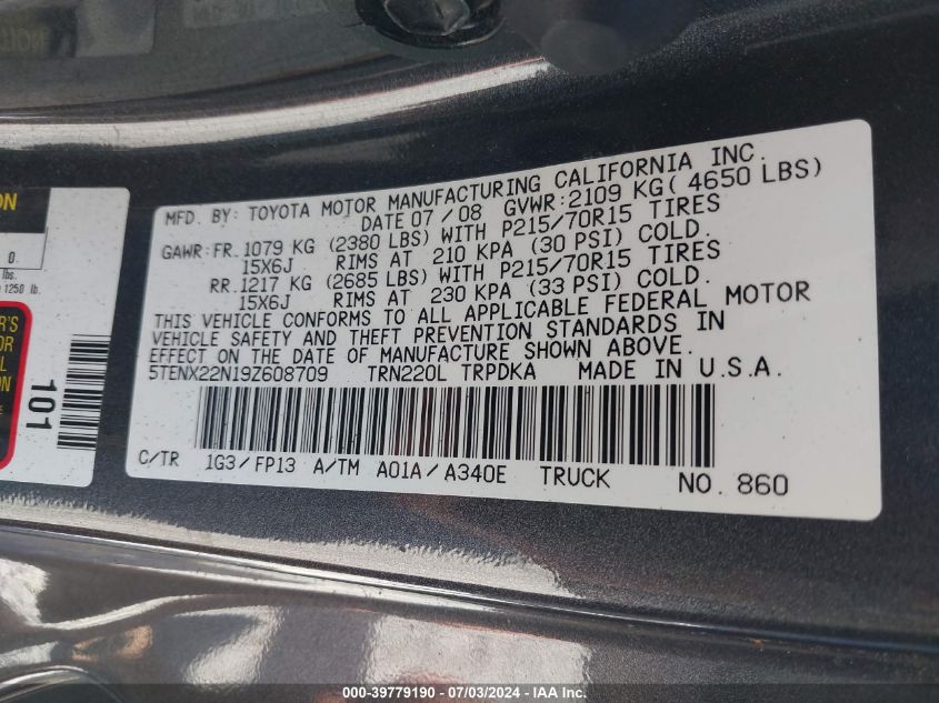 2009 Toyota Tacoma VIN: 5TENX22N19Z608709 Lot: 39779190
