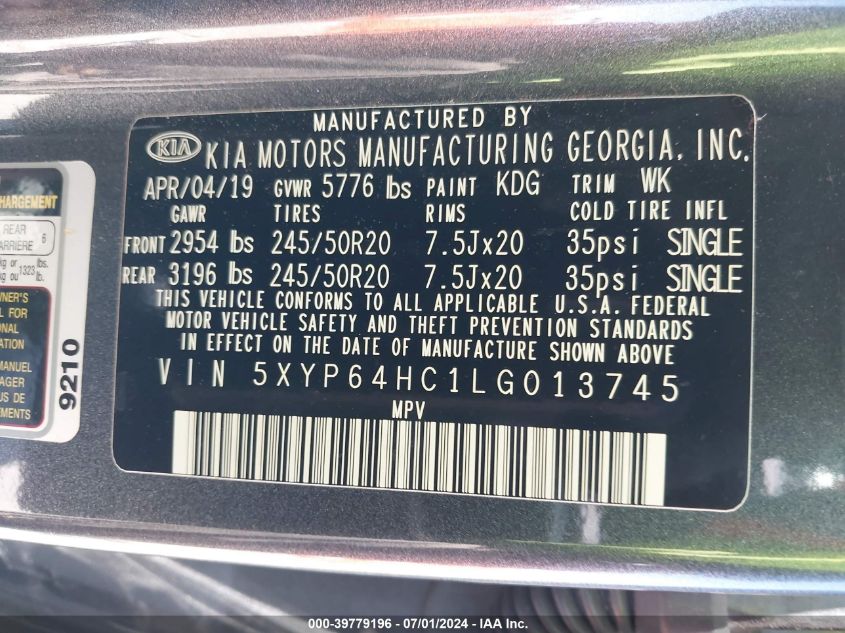 2020 Kia Telluride S VIN: 5XYP64HC1LG013745 Lot: 39779196