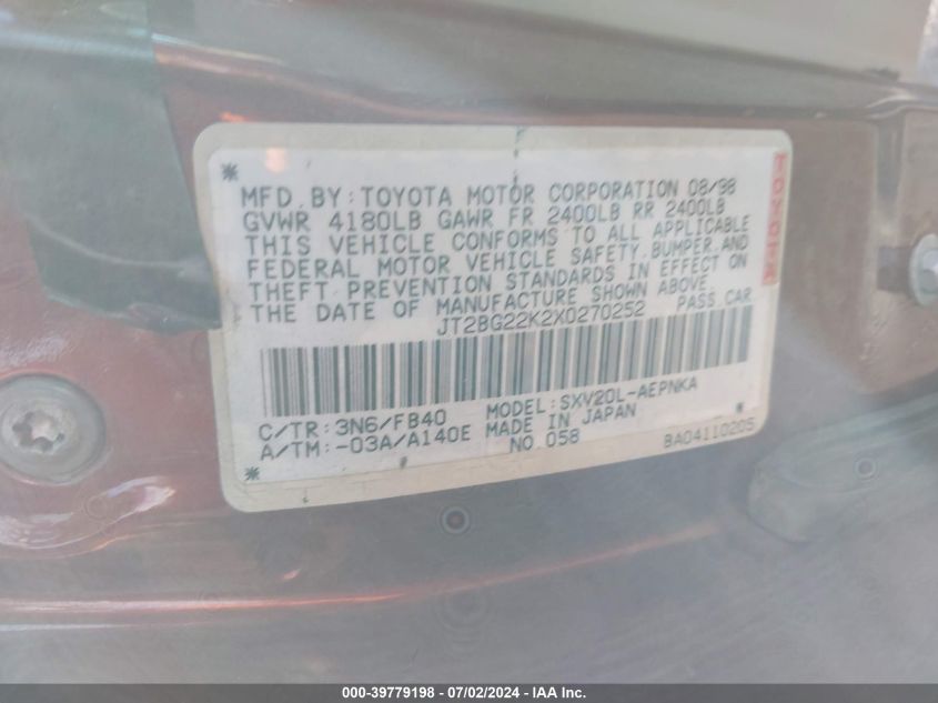 1999 Toyota Camry Le VIN: JT2BG22K2X0270252 Lot: 39779198