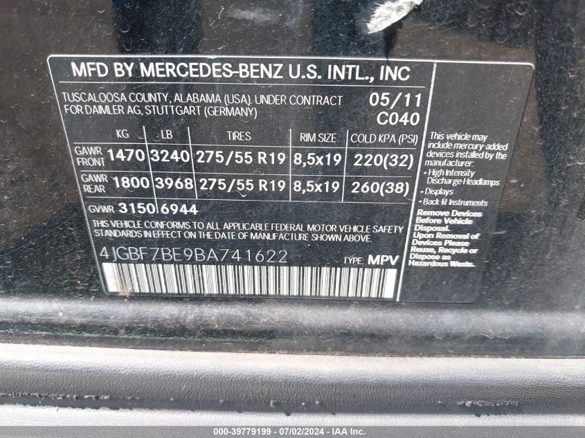 4JGBF7BE9BA741622 2011 Mercedes-Benz Gl 450 4Matic