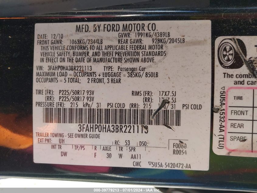 2011 Ford Fusion Se VIN: 3FAHP0HA3BR221113 Lot: 39779213