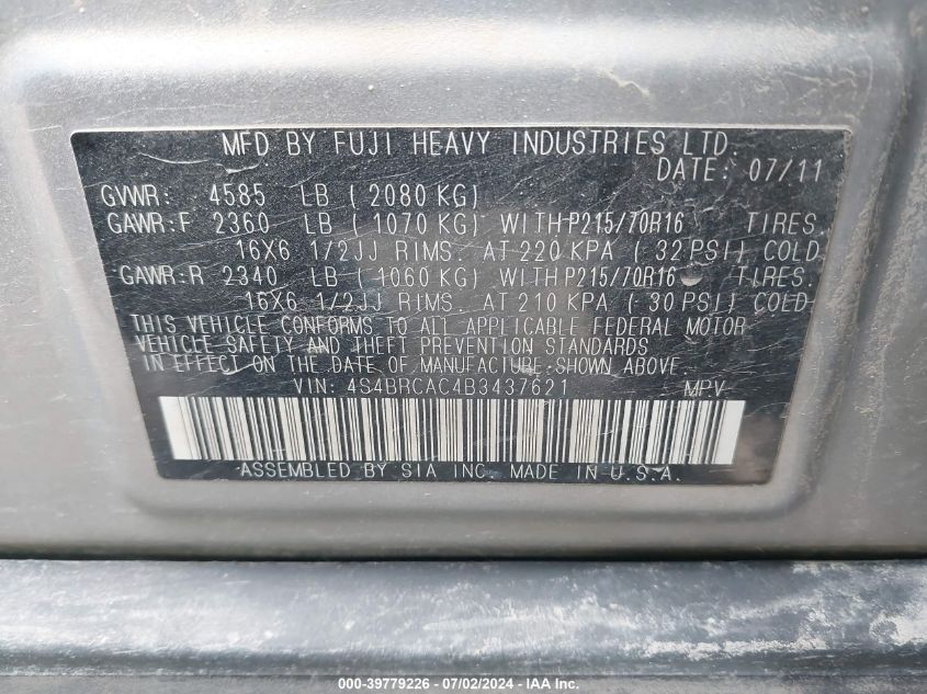 2011 Subaru Outback 2.5I VIN: 4S4BRCAC4B3437621 Lot: 39779226
