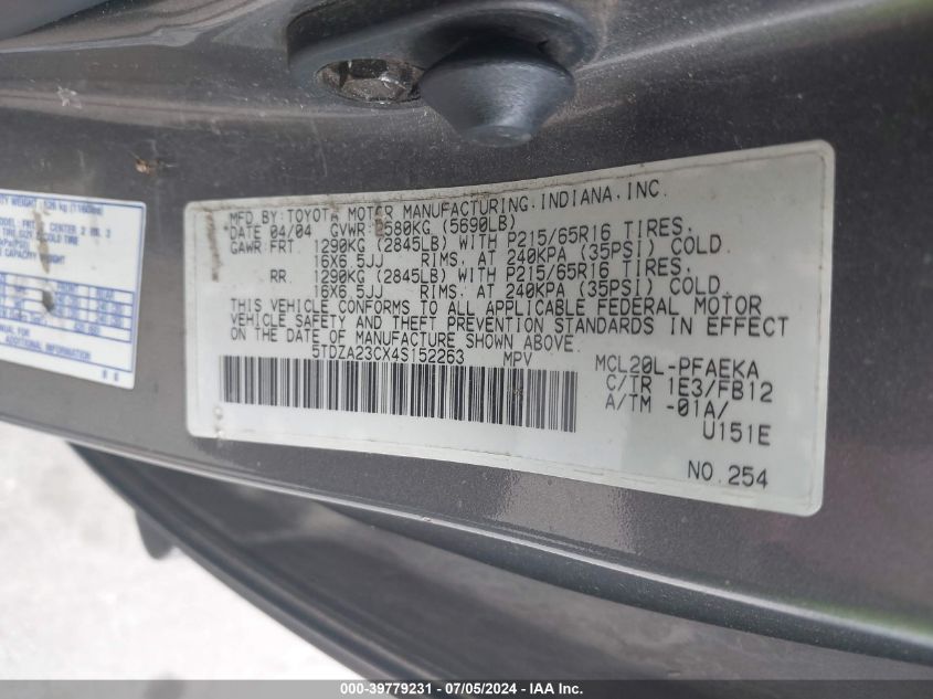 2004 Toyota Sienna Le VIN: 5TDZA23CX4S152263 Lot: 39779231