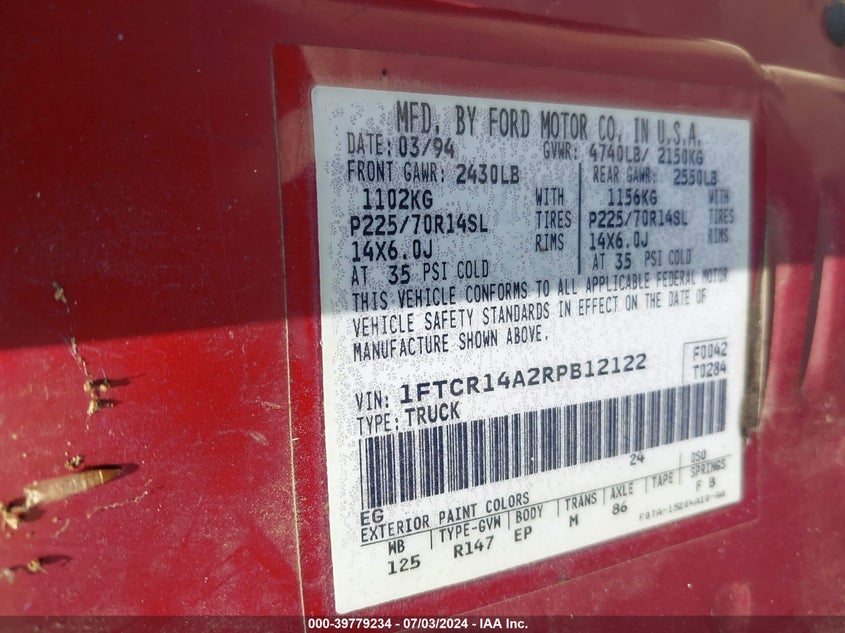 1994 Ford Ranger Super Cab VIN: 1FTCR14A2RPB12122 Lot: 39779234