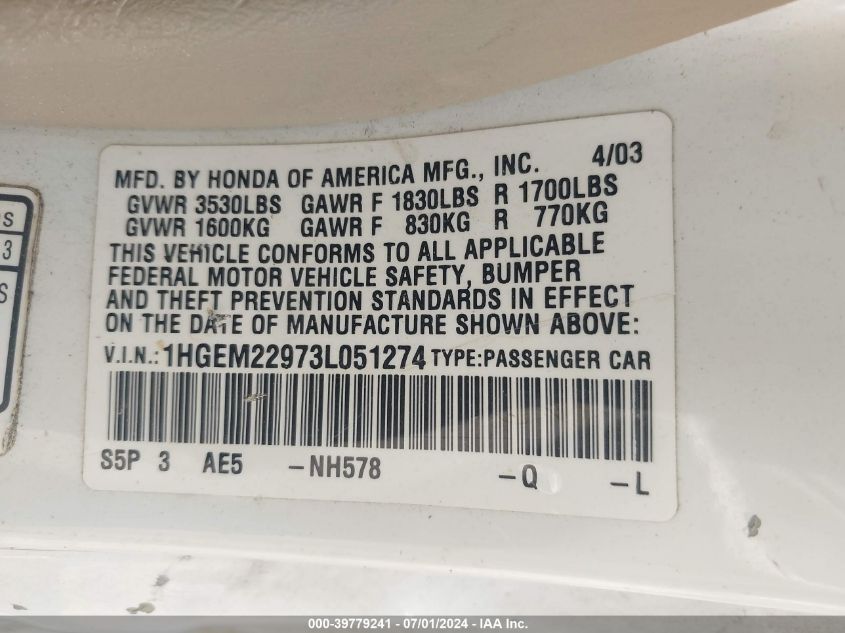 2003 Honda Civic Ex VIN: 1HGEM22973L051274 Lot: 39779241