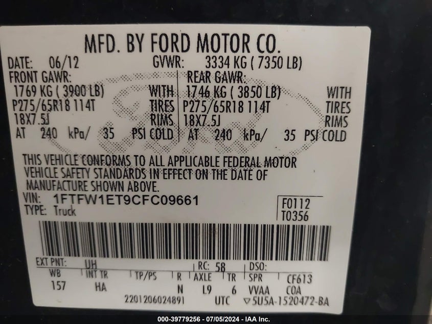 2012 Ford F-150 Lariat VIN: 1FTFW1ET9CFC09661 Lot: 39779256