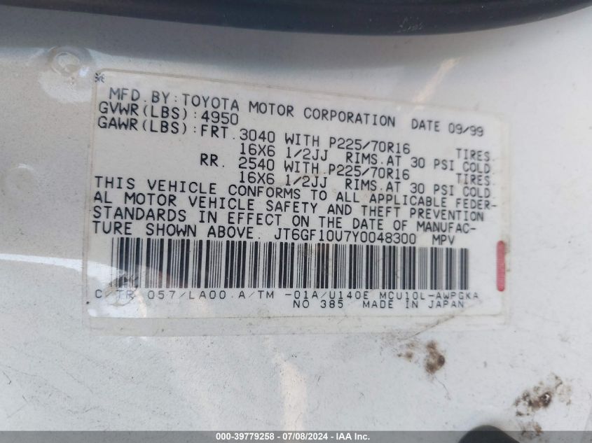 2000 Lexus Rx 300 VIN: JT6GF10U7Y0048300 Lot: 39779258