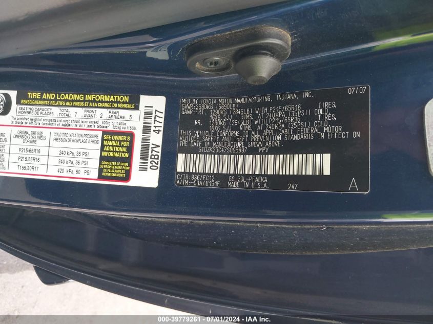 2007 Toyota Sienna Le VIN: 5TDZK23C47S095897 Lot: 39779261