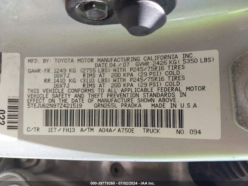 2007 Toyota Tacoma Double Cab Prerunner VIN: 5TEJU62N97Z421519 Lot: 39779260
