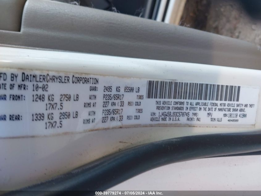 2003 Jeep Grand Cherokee Limited VIN: 1J4GW58J93C570745 Lot: 39779274