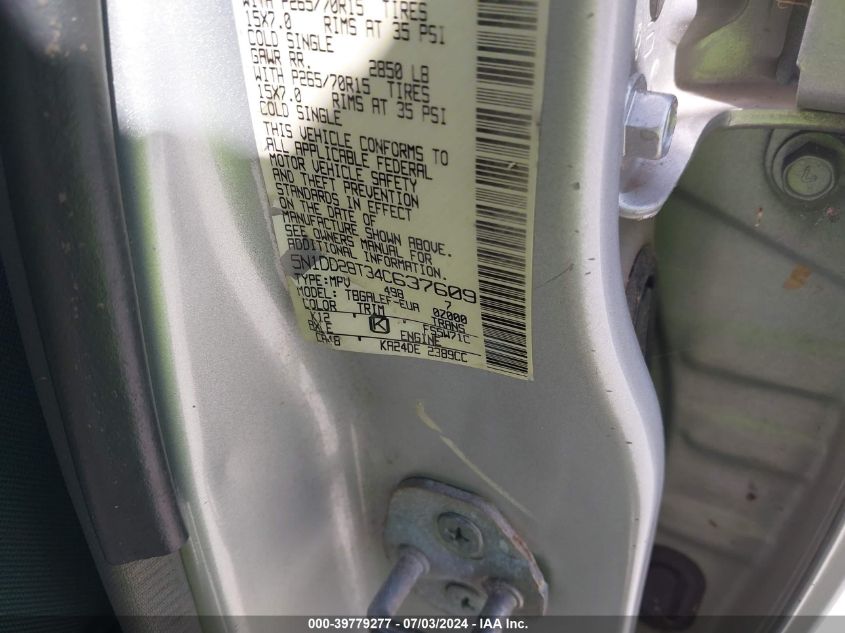 2004 Nissan Xterra Xe I4 VIN: 5N1DD28T34C637609 Lot: 39779277