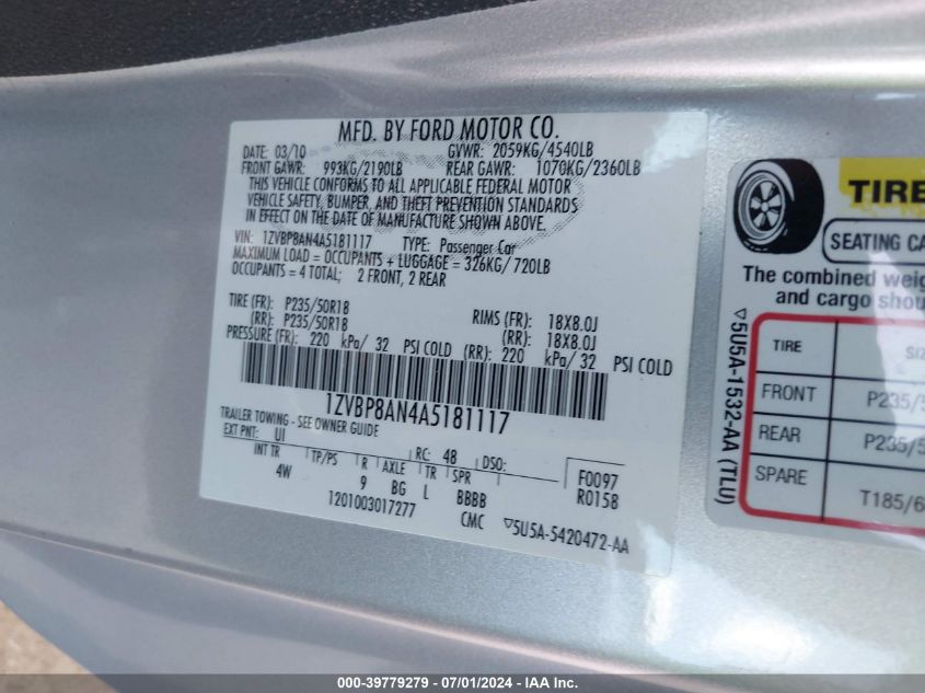 2010 Ford Mustang V6/V6 Premium VIN: 1ZVBP8AN4A5181117 Lot: 39779279