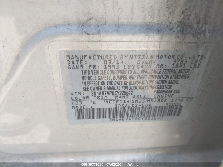 2014 Nissan Sentra Fe+ S/Fe+ Sv/S/Sl/Sr/Sv VIN: 3N1AB7AP8EY225642 Lot: 39779280