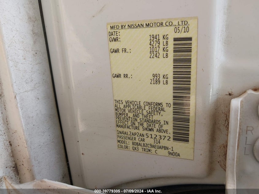 2010 Nissan Altima S VIN: 1N4AL2AP2AN512372 Lot: 39779305