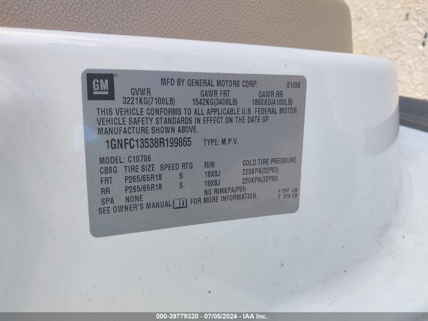 2008 Chevrolet Tahoe Hybrid VIN: 1GNFC13538R199865 Lot: 39779320