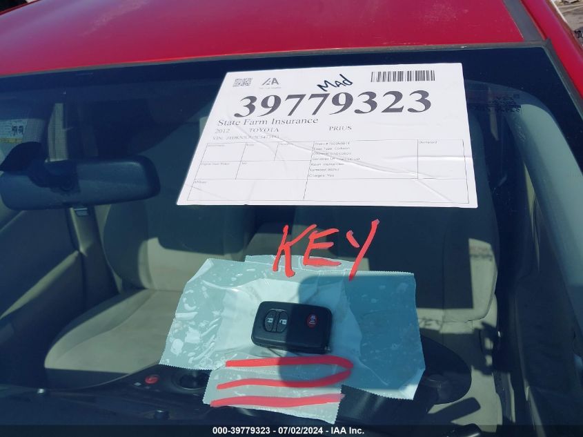 2012 Toyota Prius Two VIN: JTDKN3DU7C5473443 Lot: 39779323