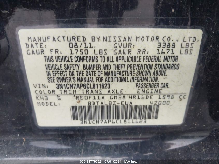 2012 Nissan Versa 1.6 Sv VIN: 3N1CN7AP6CL811623 Lot: 39779325