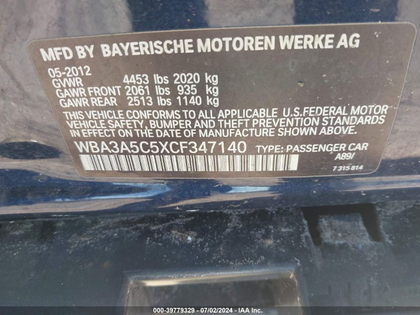 2012 BMW 328 I VIN: WBA3A5C5XCF347140 Lot: 39779329
