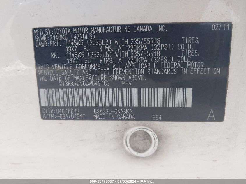 2011 Toyota Rav4 Sport VIN: 2T3RK4DV0BW049163 Lot: 39779357