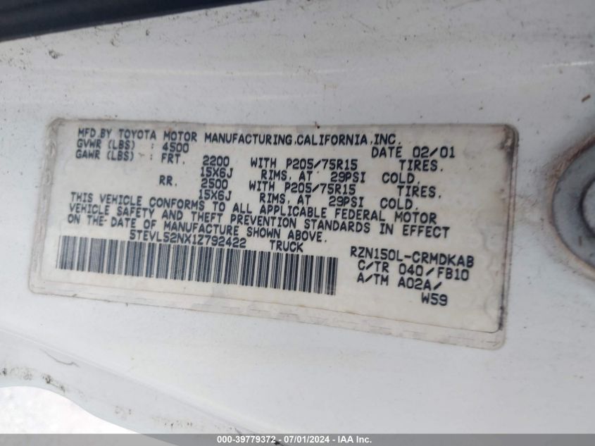 2001 Toyota Tacoma VIN: 5TEVL52NX1Z792422 Lot: 39779372