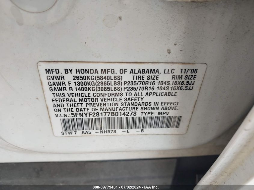 2007 Honda Pilot Lx VIN: 5FNYF28177B014273 Lot: 39779401