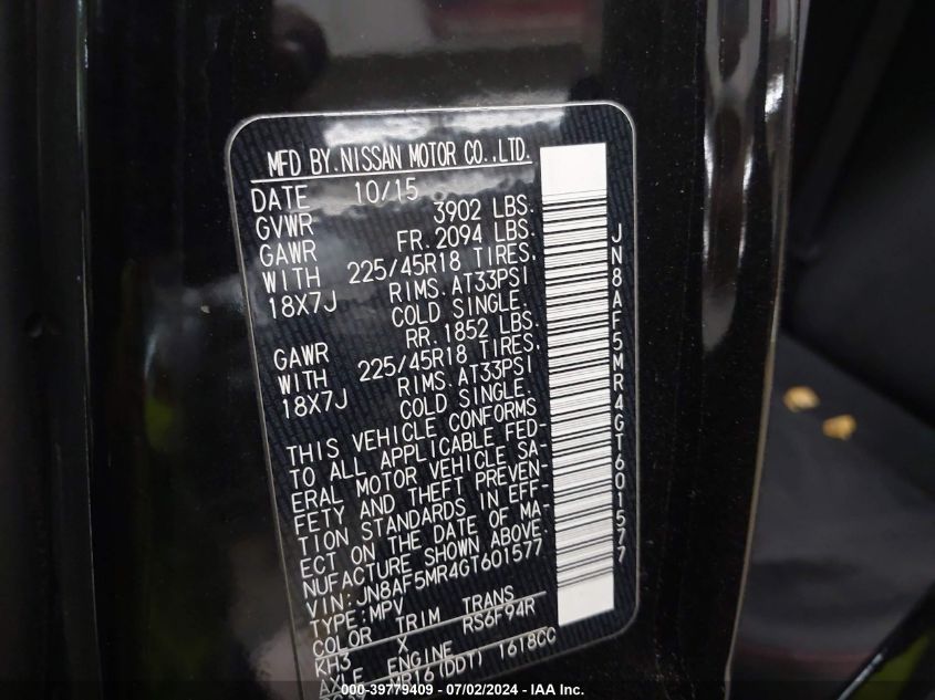 2016 Nissan Juke Nismo VIN: JN8AF5MR4GT601577 Lot: 39779409