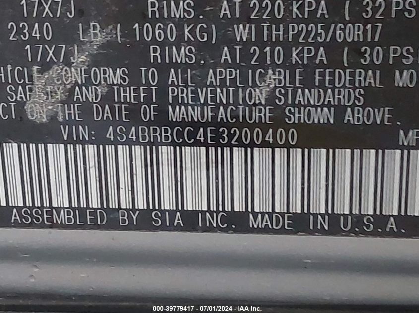 2014 Subaru Outback 2.5I Premium VIN: 4S4BRBCC4E3200400 Lot: 39779417