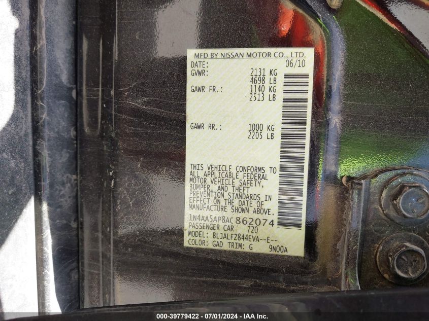 2010 Nissan Maxima 3.5 Sv VIN: 1N4AA5AP8AC862074 Lot: 39779422