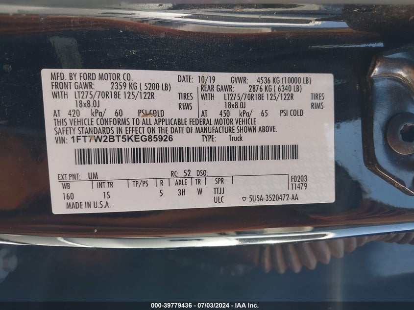 2019 Ford F-250 Super Duty VIN: 1FT7W2BT5KEG85926 Lot: 39779436