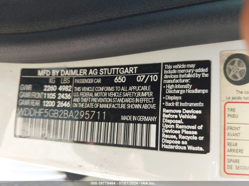 2011 Mercedes-Benz E 350 VIN: WDDHF5GB2BA295711 Lot: 39779464