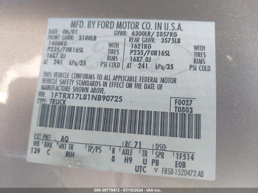 2001 Ford F-150 Lariat/Xl/Xlt VIN: 1FTRX17L81NB90725 Lot: 39779472