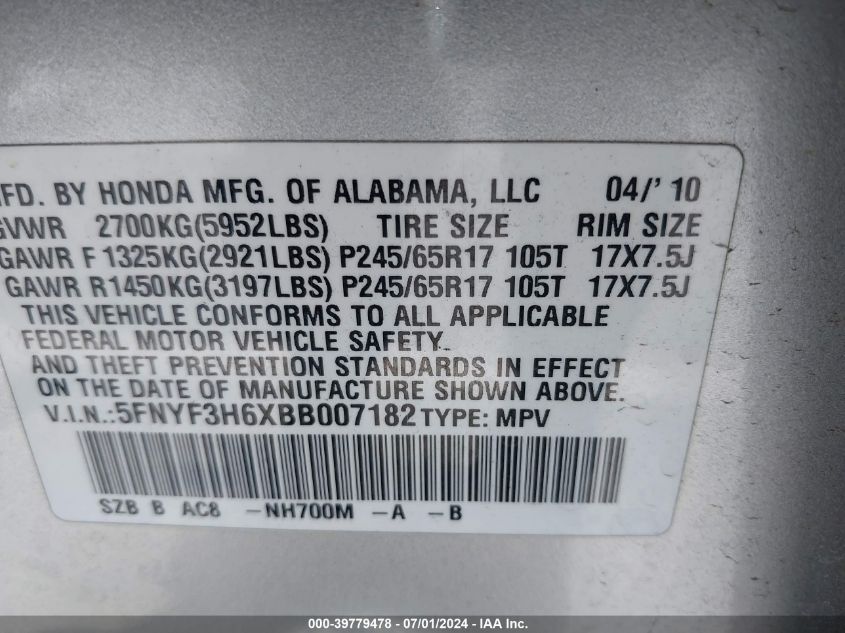 2011 Honda Pilot Ex-L VIN: 5FNYF3H6XBB007182 Lot: 39779478