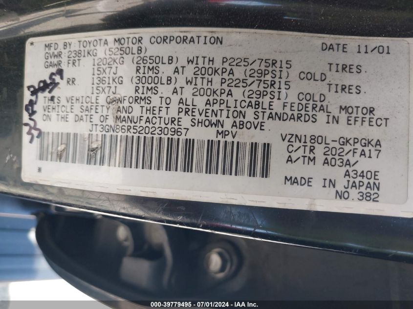 2002 Toyota 4Runner Sr5 V6 VIN: JT3GN86R520230967 Lot: 39779495