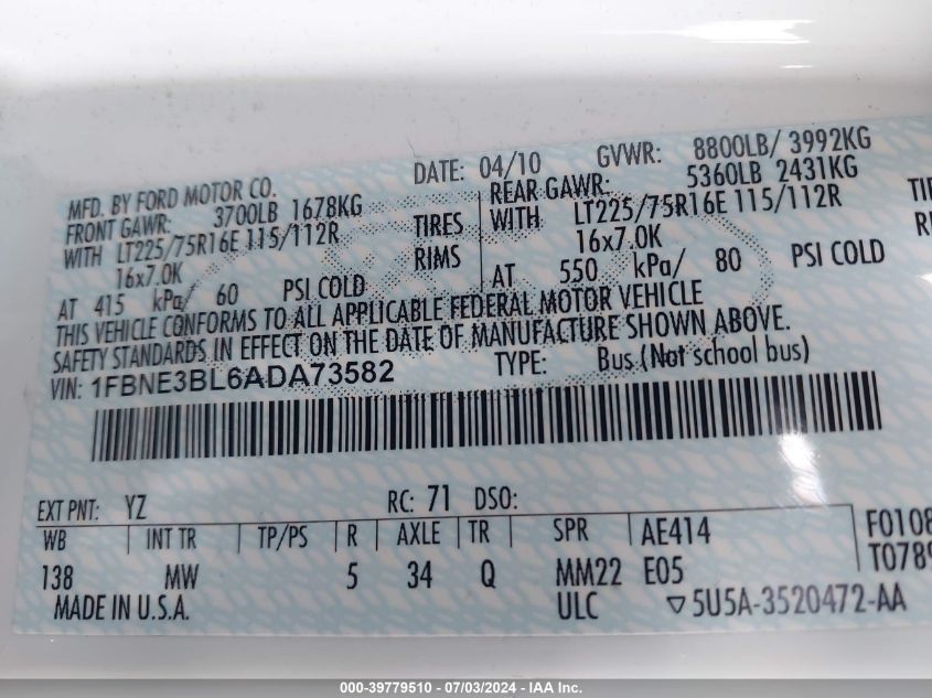 2010 Ford Econoline E350 Super Duty Wagon VIN: 1FBNE3BL6ADA73582 Lot: 39779510