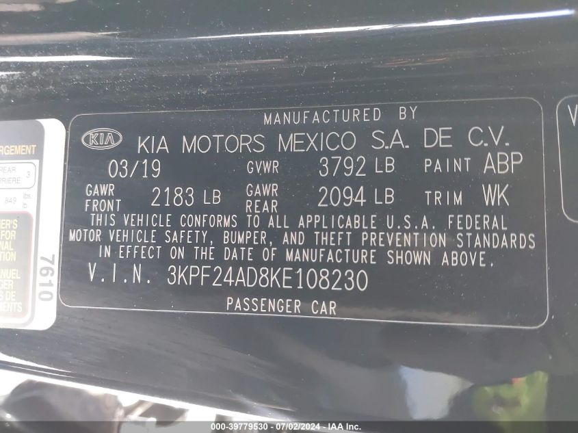 2019 Kia Forte Lxs VIN: 3KPF24AD8KE108230 Lot: 39779530
