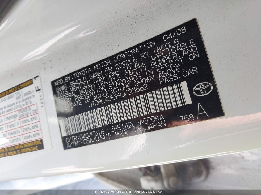 2009 Toyota Corolla VIN: JTDBL40E99J023562 Lot: 39779593