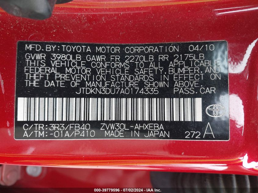 2010 Toyota Prius VIN: JTDKN3DU7A0174335 Lot: 39779596