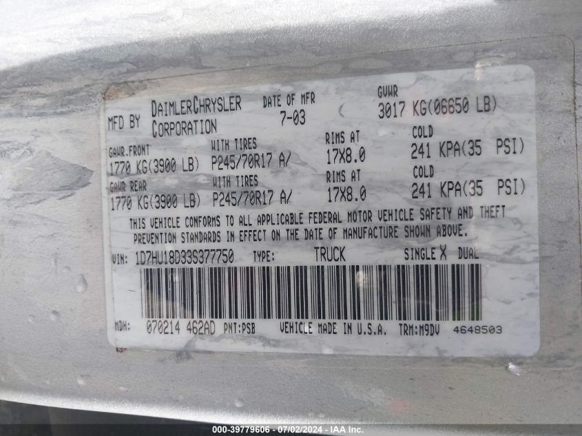 2003 Dodge Ram 1500 Slt/Laramie/St VIN: 1D7HU18D33S377750 Lot: 39779606
