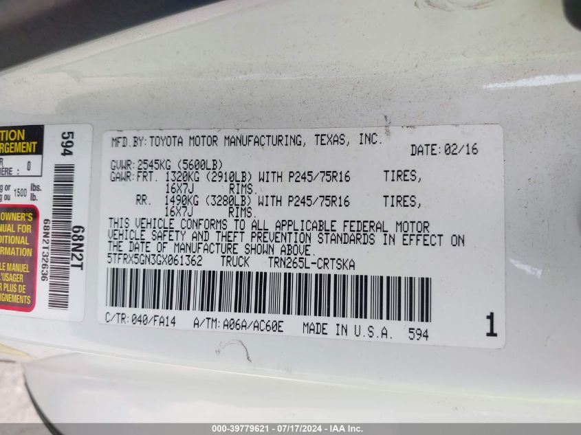 2016 Toyota Tacoma Sr VIN: 5TFRX5GN3GX061362 Lot: 39779621