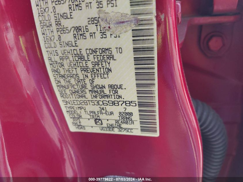 2003 Nissan Xterra Se VIN: 5N1ED28T53C698785 Lot: 39779622