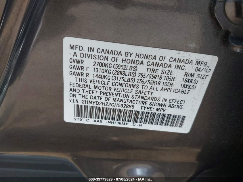 2012 Acura Mdx VIN: 2HNYD2H22CH532885 Lot: 39779629
