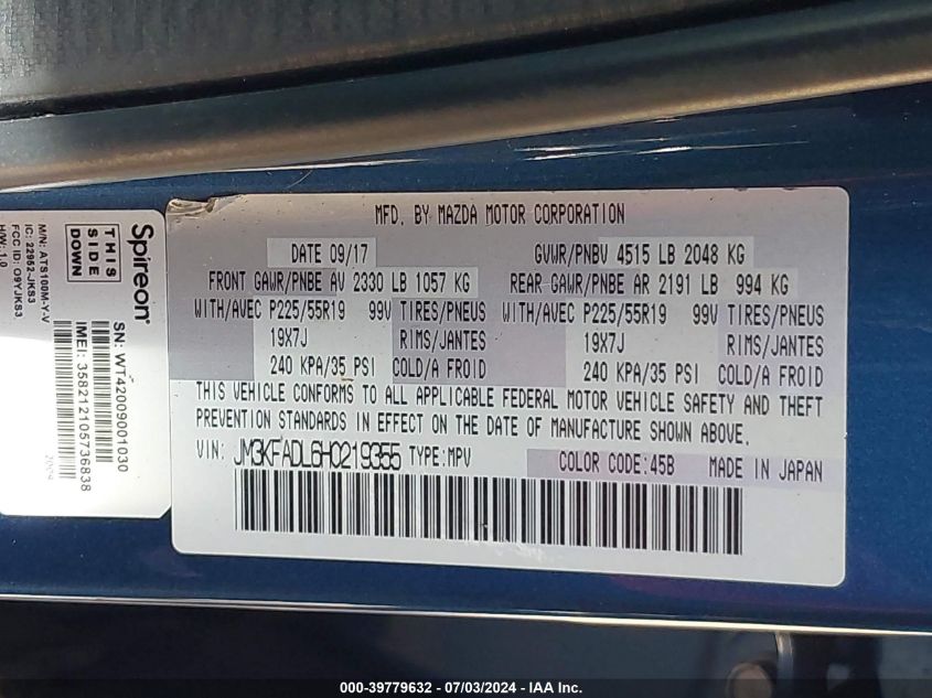 2017 Mazda Cx-5 Grand Select VIN: JM3KFADL6H0219355 Lot: 39779632