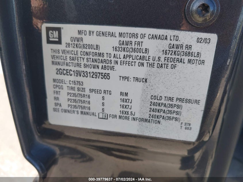 2003 Chevrolet Silverado C1500 VIN: 2GCEC19V331297565 Lot: 39779637