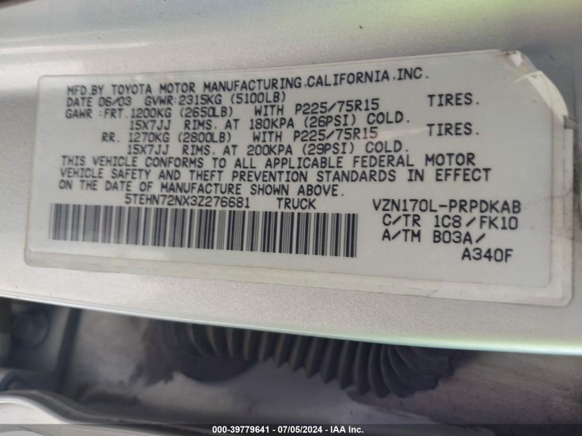 2003 Toyota Tacoma Base V6 VIN: 5TEHN72NX3Z276681 Lot: 39779641
