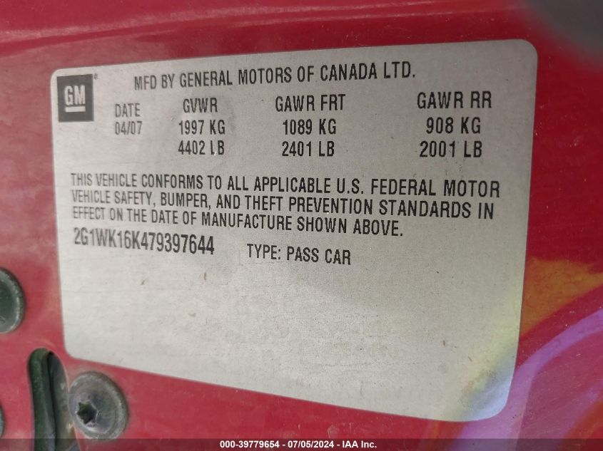 2007 Chevrolet Monte Carlo Lt VIN: 2G1WK16K479397644 Lot: 39779654