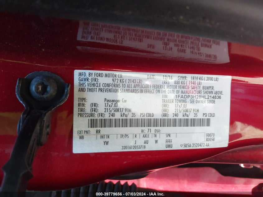 2017 Ford Focus Sel VIN: 1FADP3H28HL214836 Lot: 39779656