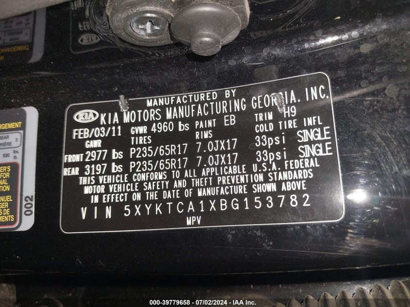 2011 Kia Sorento Lx VIN: 5XYKTCA1XBG153782 Lot: 39779658