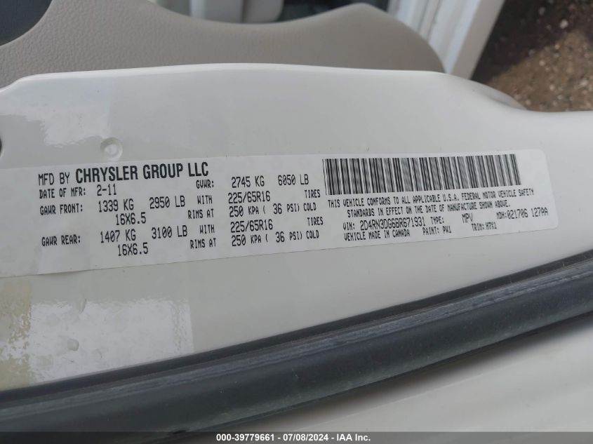 2011 Dodge Grand Caravan Mainstreet VIN: 2D4RN3DG6BR671931 Lot: 39779661